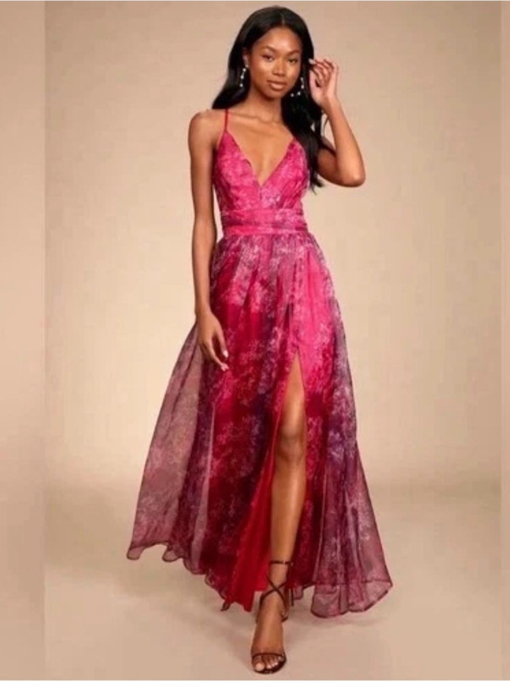 Lulu's Fuchsia Lace-Overlay V-Neck Maxi Dress